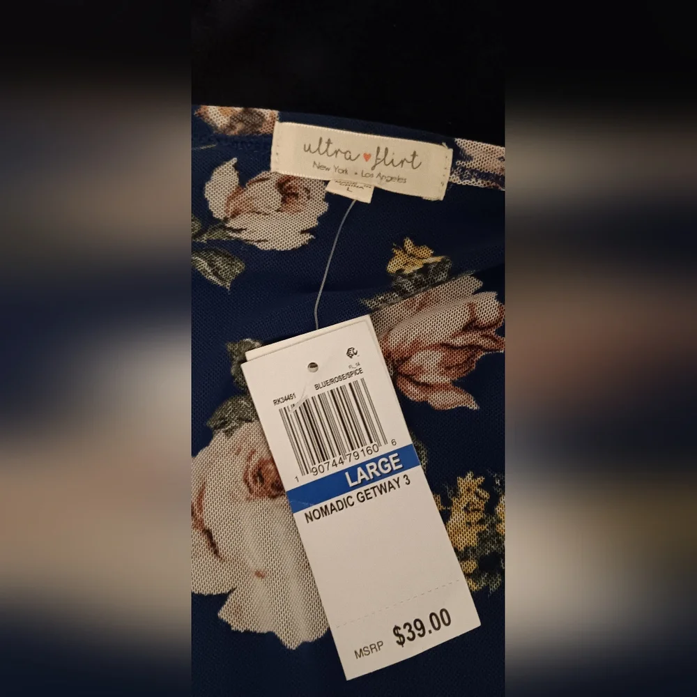 Ultra Flirt Sheer Blue Floral Kimono Duster Women's Size L New With Tags - Picture 5 of 5